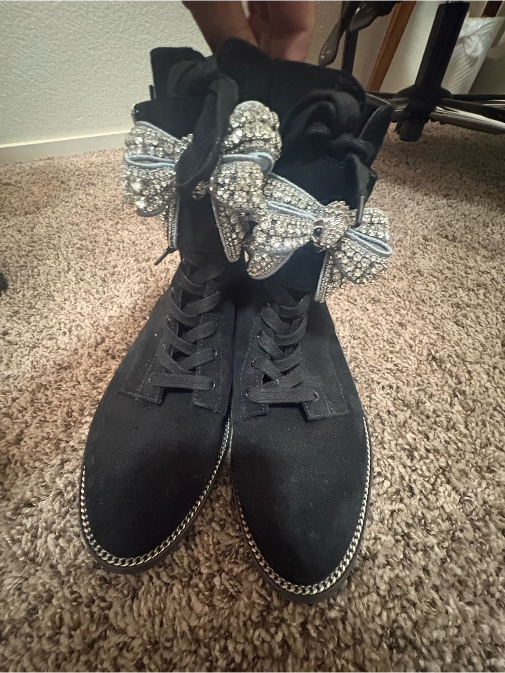 Kurt Geiger Black Lace-Up Boots with Crystal Bow Accents